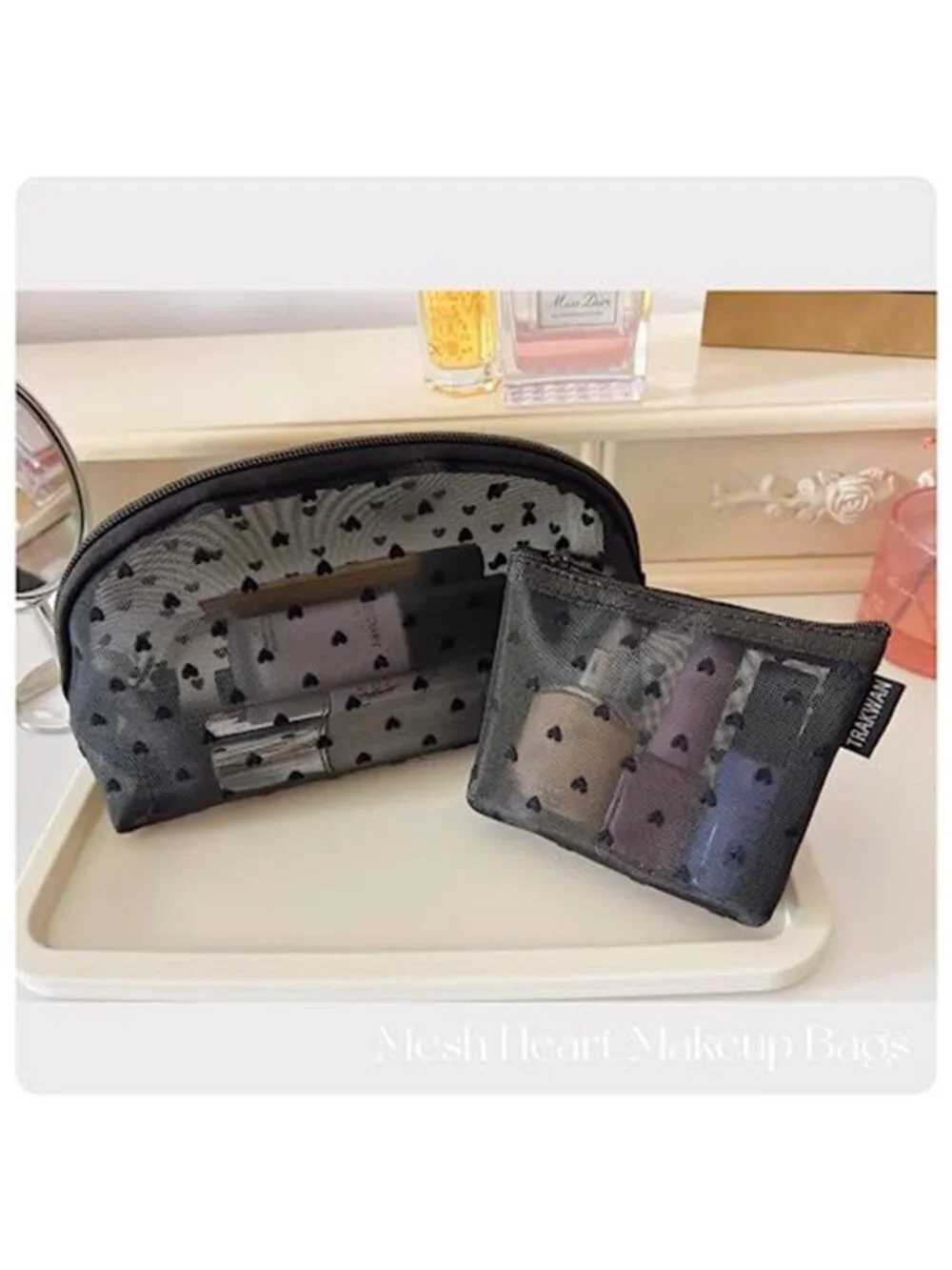 5 Pieces Heart Printed Mesh Makeup Bag Set Portable Travel Mesh Cosmetic Bags
